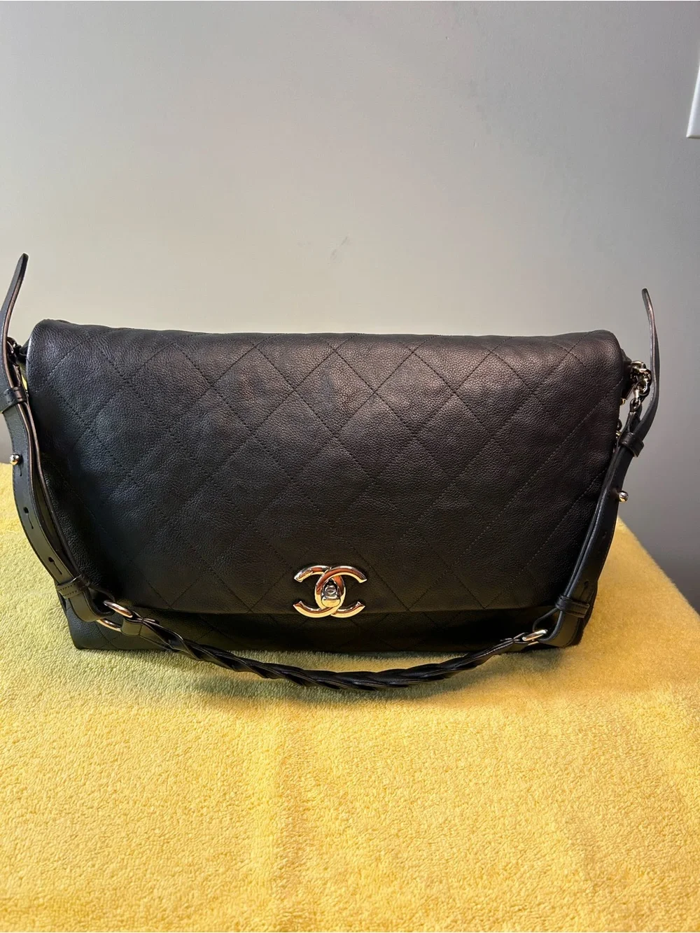 Authentic CHANEL Black Quilted Leather Shoulder Bag with Silver-Tone CC